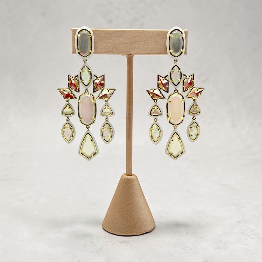 Kendra Scott Luxury Greta Gold Tone Ivory Iridescent Chandelier Earrings $198 - Picture 3 of 16